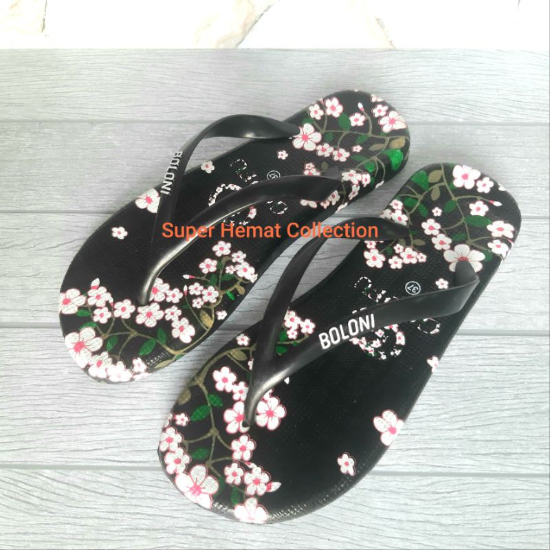 Boloni Gofu Sandal Jepit Full Karet Wanita Cewek Motif Bunga Sakura Bali Murah Kekinian (Goofu)-Hitam