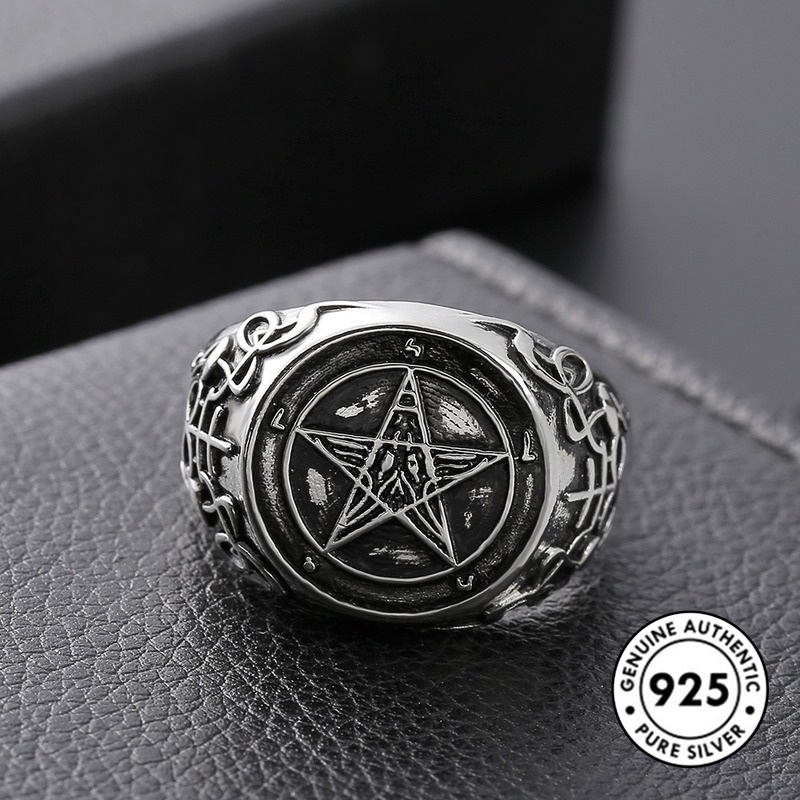 Cincin Sterling Silver 925 Model Kepala Kambing / Setan / Pentagram Untuk Wanita