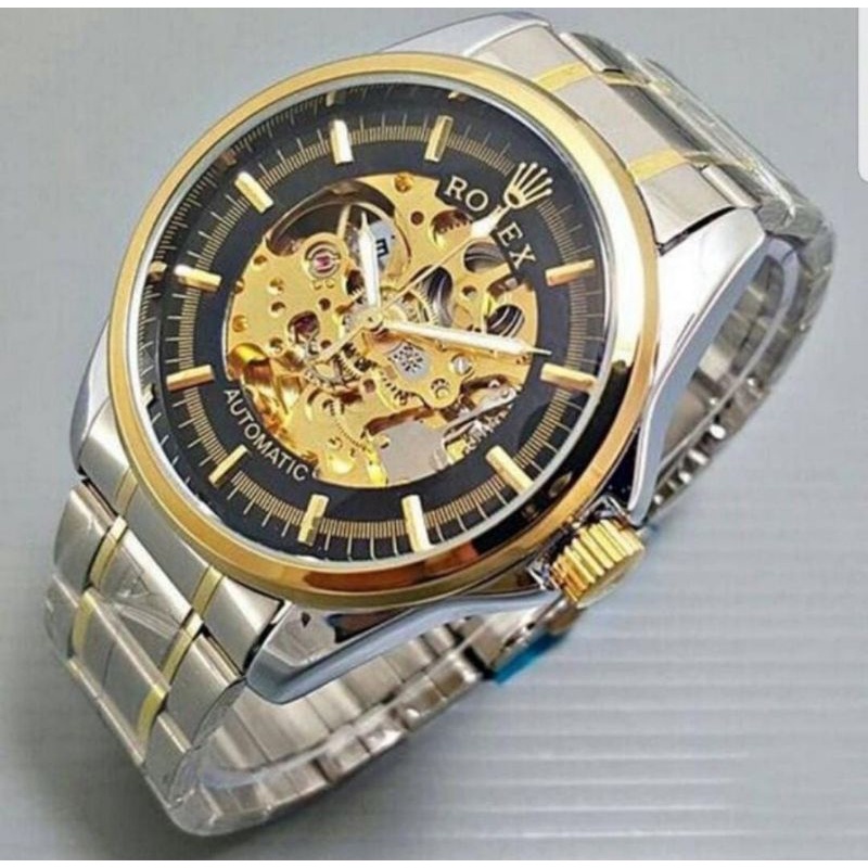 Jam Tangan Stainless Steel Otomatis Skeleton Garis Transparan Tanpa Baterai