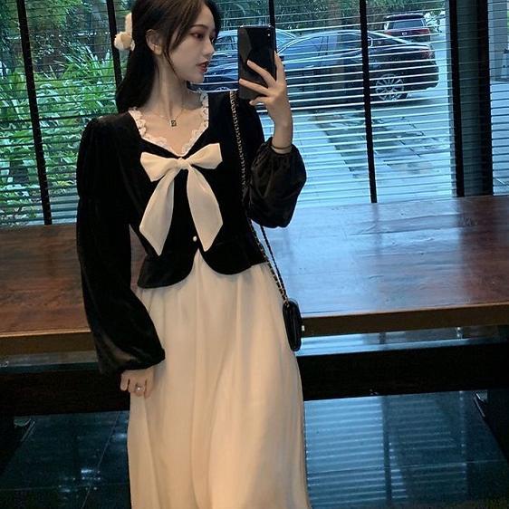 {MURMER} Baru Perancis Hepburn Dress Retro Temperamen Beludru Palsu Rok Dua Potong