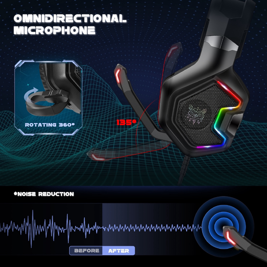 Onikuma K10Pro Headset Gaming Stereo Dengan Lampu LED RGB + Mic Omnidirectional + Jack 3.5mm Untuk PC PS4 Laptop