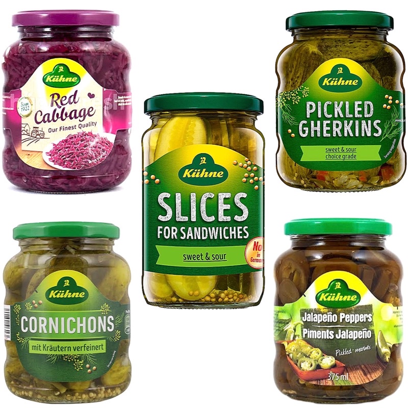 

KUHNE Slices for Sandwiches Sweet & Sour/Pickled Gherkins Sweet & Sour/ Jalapeno Peppers/Kuhne Cornichons/Kuhne Red Cabbage 370ml