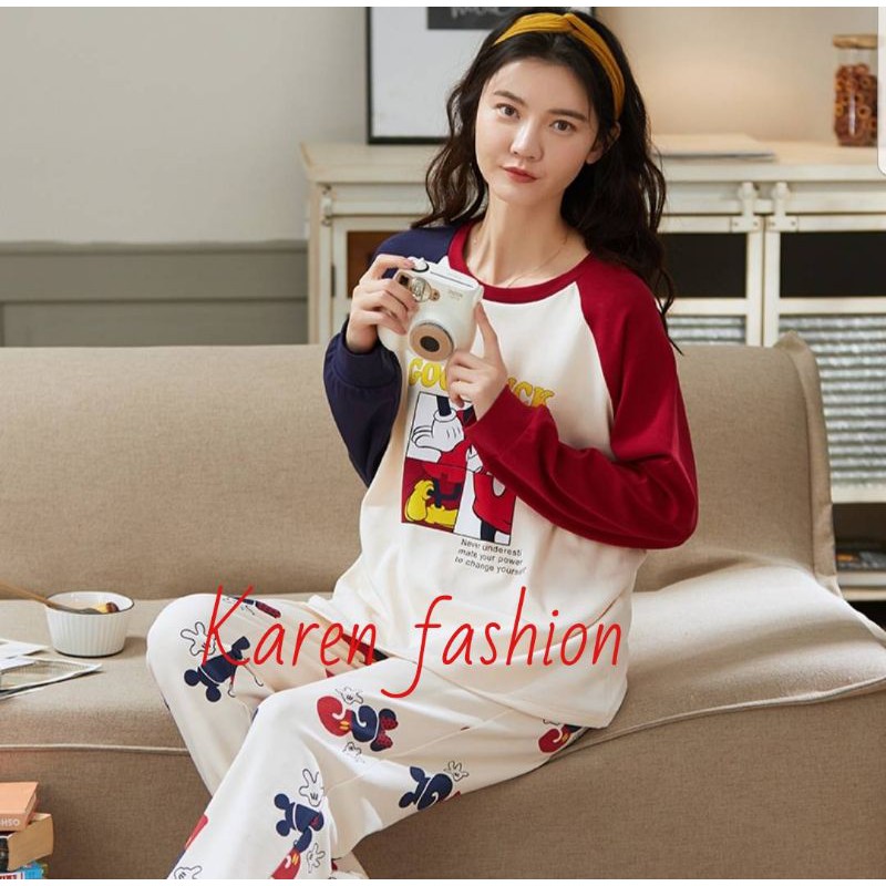 Baju tidur piyama kaos setelan panjang wanita cewek import MICKEY GOODLUCK
