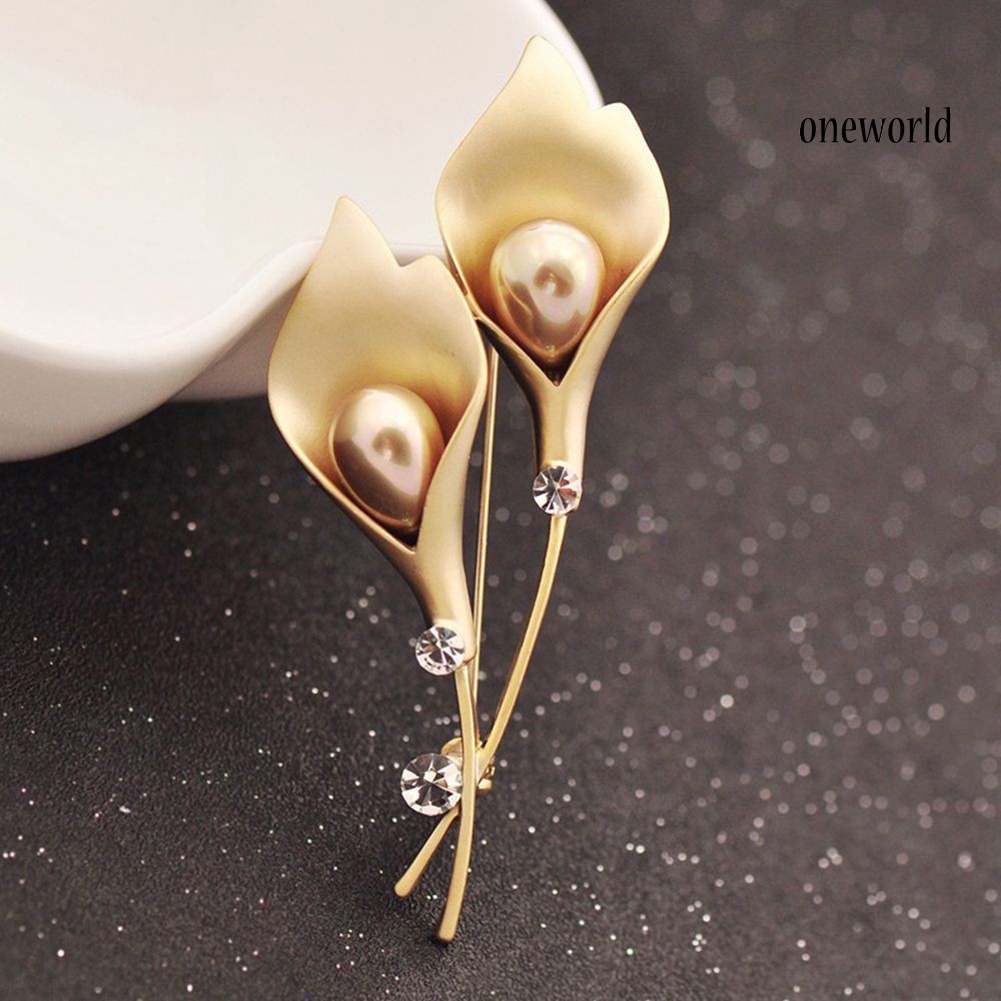 OW@ Women Fashion Tulip Shape Faux Pearl Inlaid Brooch Pin Dress Suit Collar Badge