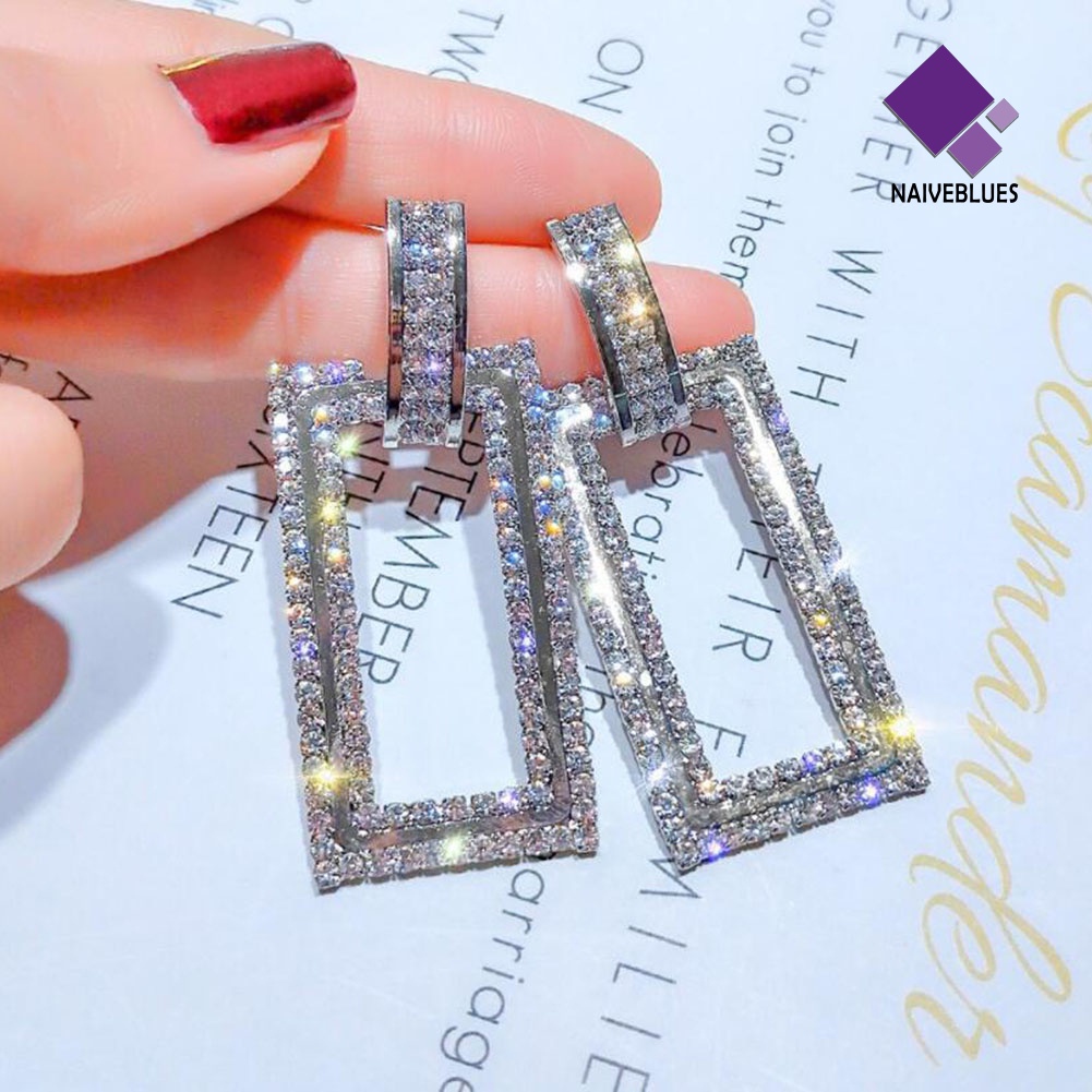 Anting Stud Berlian Imitasi Bentuk Persegi Panjang Model Hollow Untuk Wanita