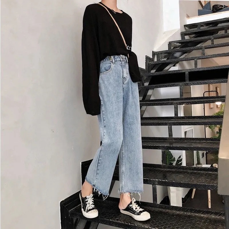 Korean New high waist straight celana jeans panjang wanita