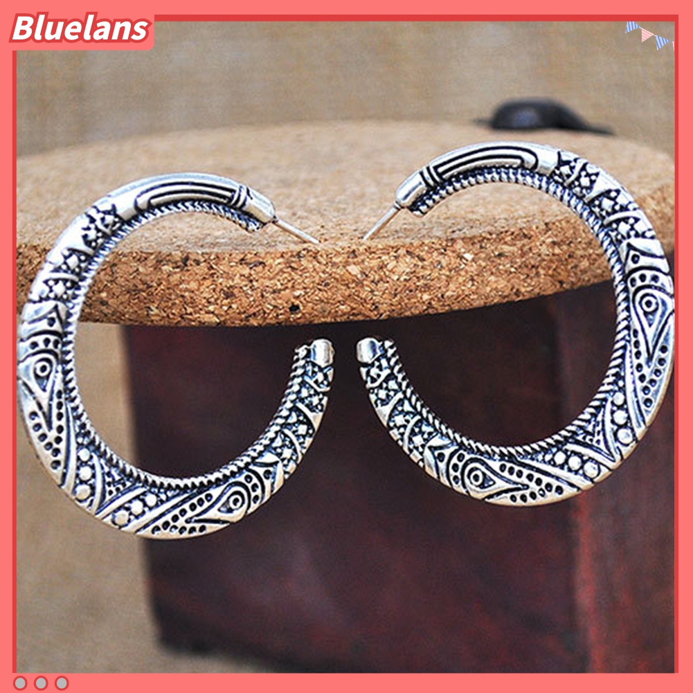 Anting Hoop Bentuk Lingkaran Besar Motif Ukir Gaya Vintage Tibet Untuk Wanita