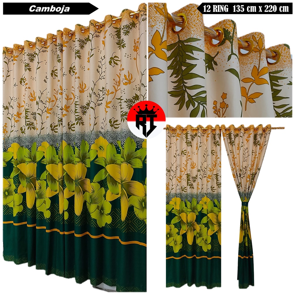 Gorden Smokring 12 Ring Hordeng Pintu Jendela Kamar Motif Bunga Kuning Hijau Camboja Ukuran Lebar Ti