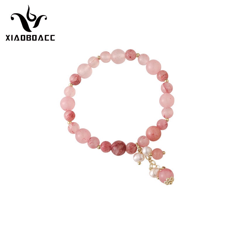 XiaoboACC Gelang Kristal Mutiara Strawberry Elastis Gaya Korea Untuk Wanita