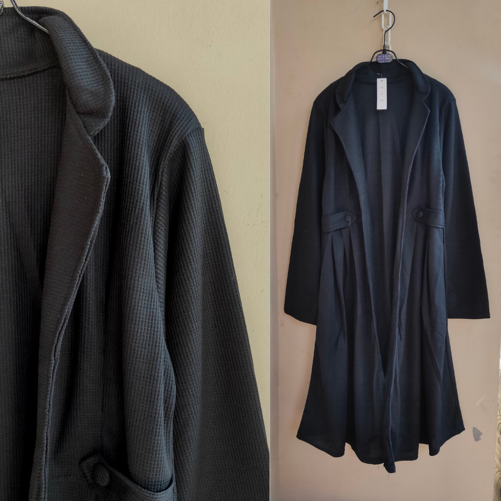 Long Outer Cardigan Fashion Muslim Kekinian Korean Style Selebgram Terbaru Lemon Skin Premium-Uniqlo Hitam