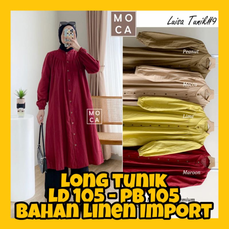 Long Tunik Wanita Muslim Korean Style Lengan Panjang Warna Merah Polos LD 105 Bahan Linen Premium Lu