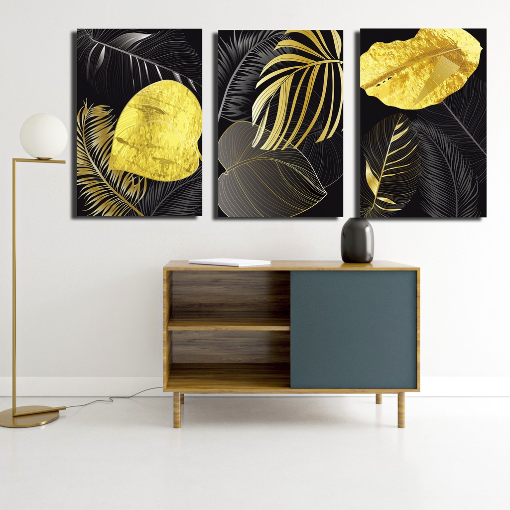 HIASAN DINDING DAUN (20X30CM)DAUN MONSTERA HITAM EMAS ABSTRAK RUANG TAMU  WALL DECOR PAJANGAN DINDING POSTER KAYU DAUN MONSTERA HITAM EMAS