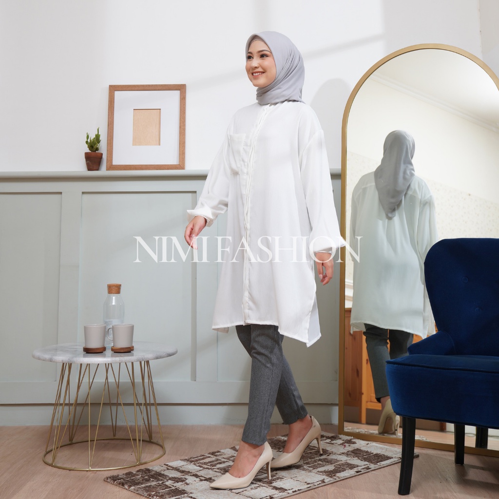 NIMI Atasan Tunik Kanaya Long Tunik Oversize Kemeja Panjang Polos Wanita Kancing Tutup Lady Zara Busui Friendly