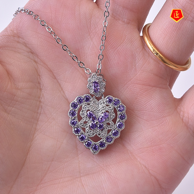 [Ready Stock]Full Diamond Amethyst Zircon Butterfly Pendant Women's Heart-Shaped Necklace