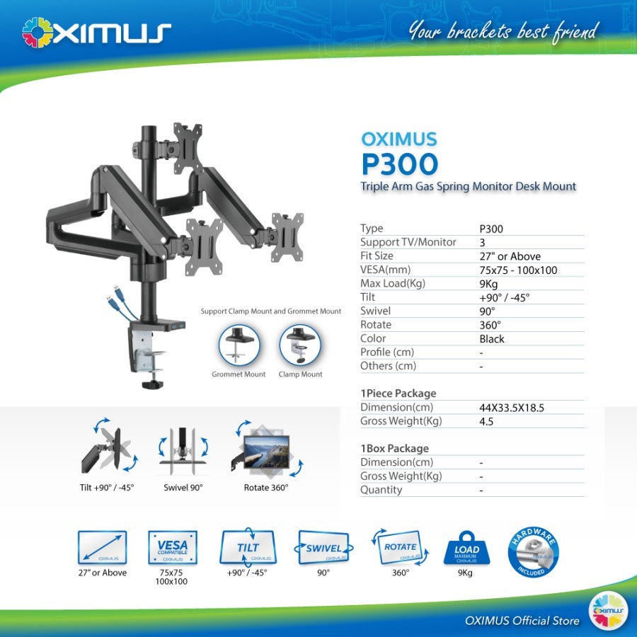 BRACKET MONITOR GAS SPRING OXIMUS P300 TILT SWIVEL ROTATE USB 3.0 x2