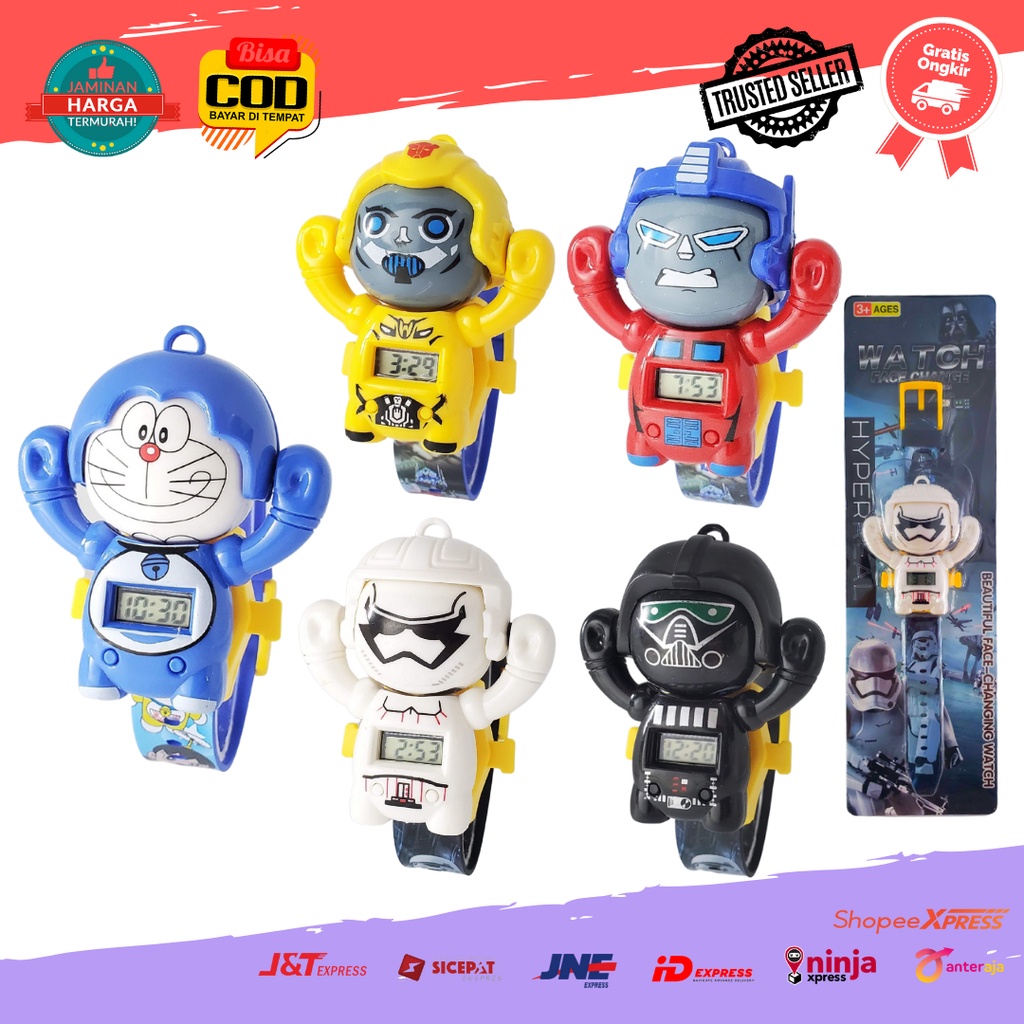 [COD] Jam Tangan Anak Cowok Strap Rubber Model Kepala Putar 3D Digital Karakter Kartun Robot Doraemon Star Wars Stormtrooper