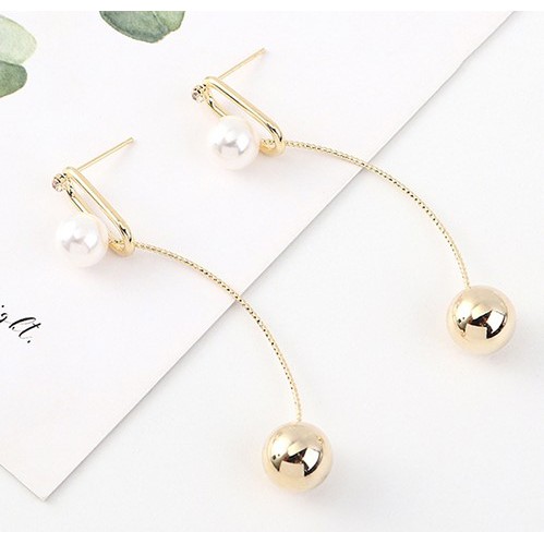 LRC Anting Tusuk Fashion Golden Tassel Pearl Geometric Cutout Earrings Y63203