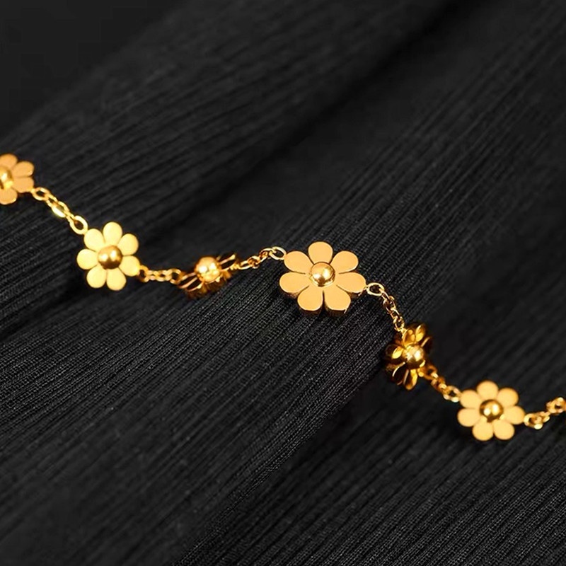 SEALOVE Gelang Kaki Titanium Wanita Anti Karat Bunga Daisy Emas 18k Perhiasan Korea