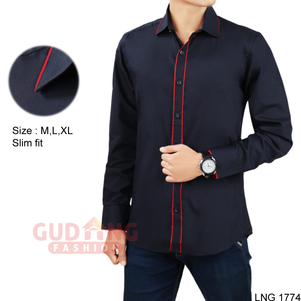 Kemeja Casual Pria Polos Slim Fit Panjang dengan Motif Lis (COMB)