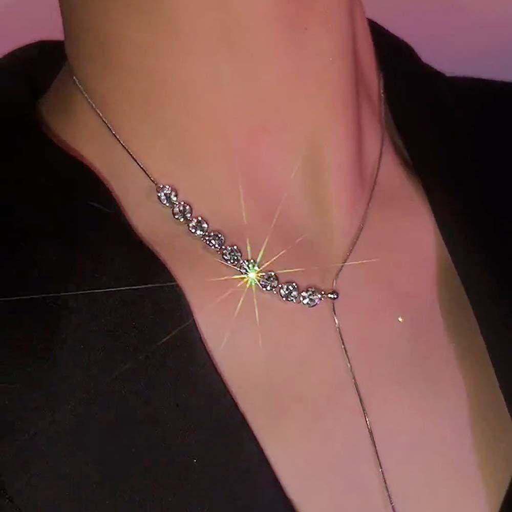Mxbeauty Wanita Kalung Kepribadian Berlian Imitasi Mengkilap Tarik Rantai Choker Gaya Hip Hop Korea Necklace
