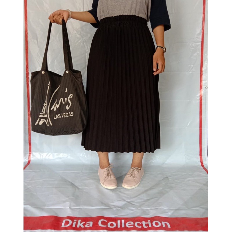 Rok Plisket Midi 7/8 | Rok Midi Plisket Premium Kualitas Import | Bahan tebel Fashion terlaris-Hitam