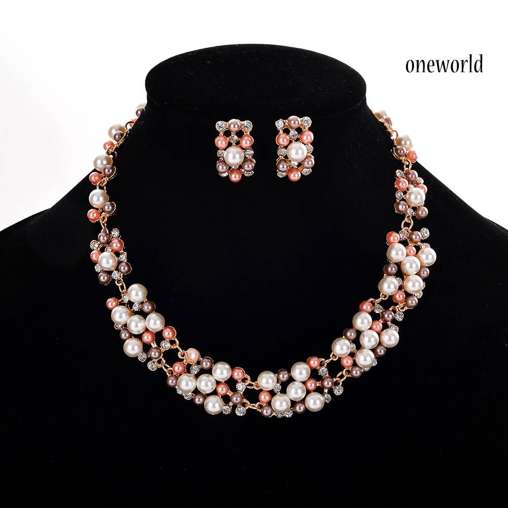 OW@ 2Pcs Women Fashion Faux Pearl Rhinestone Inlaid Necklace Earrings Jewelry Set