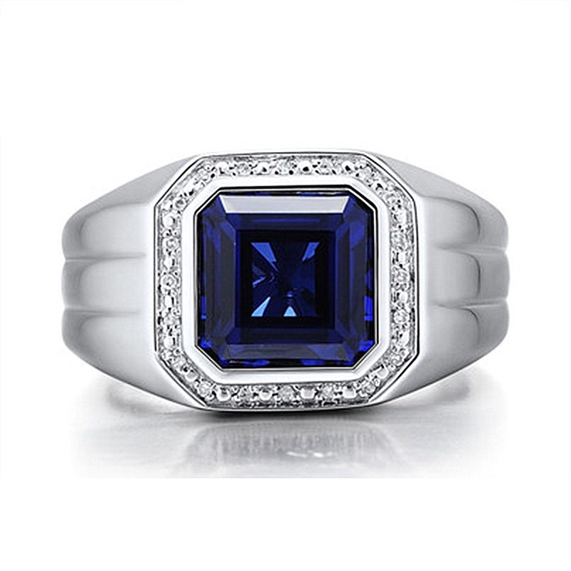 Cincin Pria Perak Royal Blue Safir Cubic Zirconia Safir Biru Elegan Minimalis Kantoran