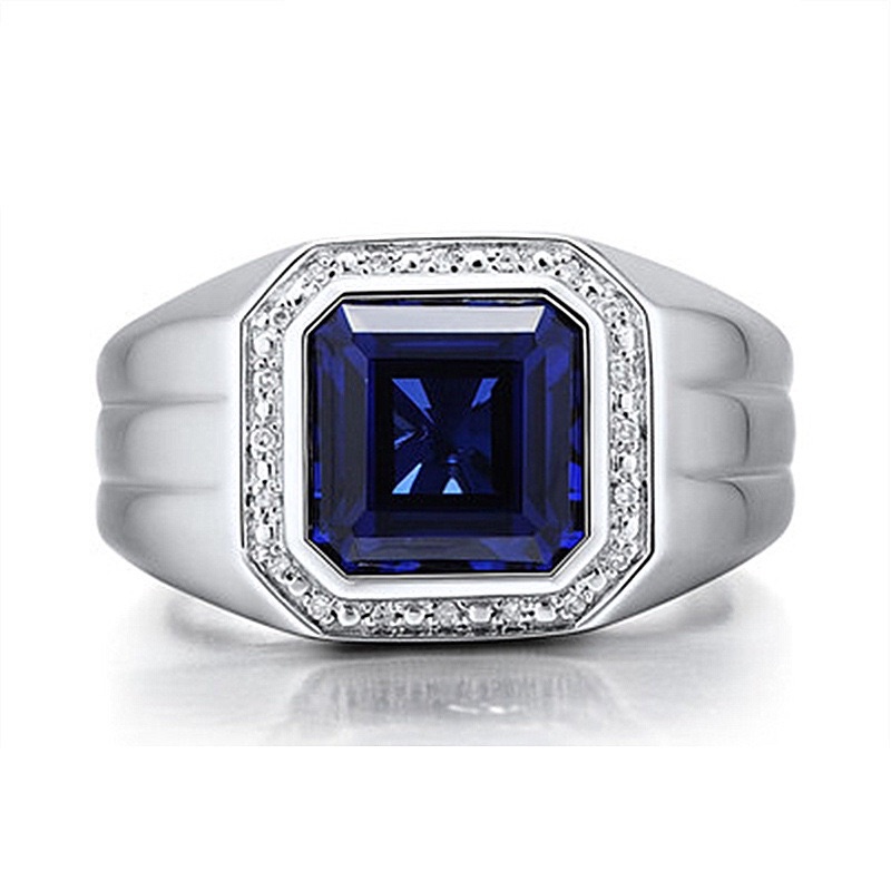 Cincin Pria Perak Royal Blue Safir Cubic Zirconia Safir Biru Elegan Minimalis Kantoran