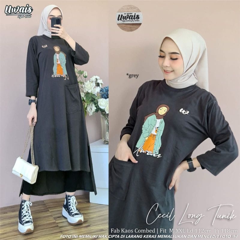 Cecil Long Tunik Jumbo Baju Kaos Wanita Outfit Wanita Kekinian Baju Lengan Panjang Wanita Korean Style