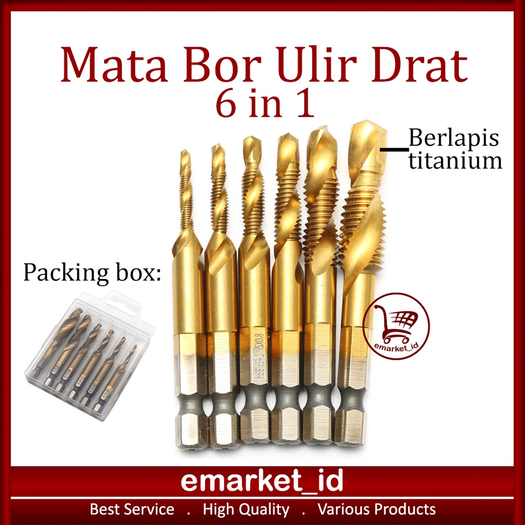 Mata Bor Ulir Drat 6in1 Berlapis Titanium / Tap Drill Hex Shank Bit Countersink HSS M3-M10