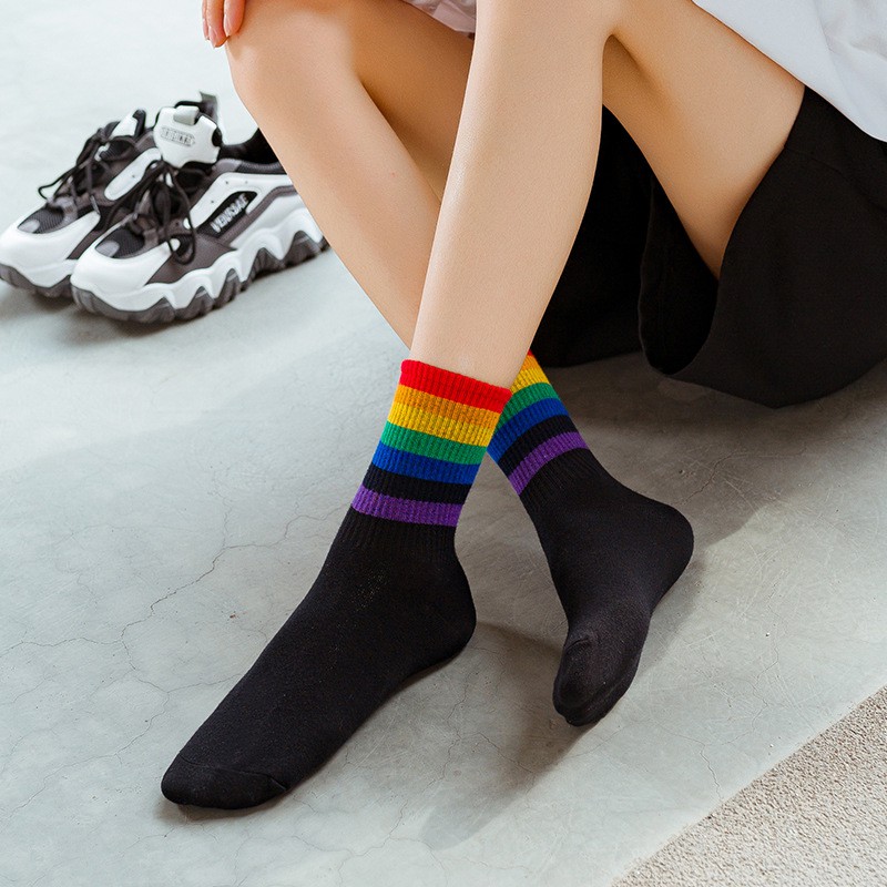 (COD) Kaus kaki Wanita kasual Warna permen kaos kaki bergaris-garis Socks katun D51