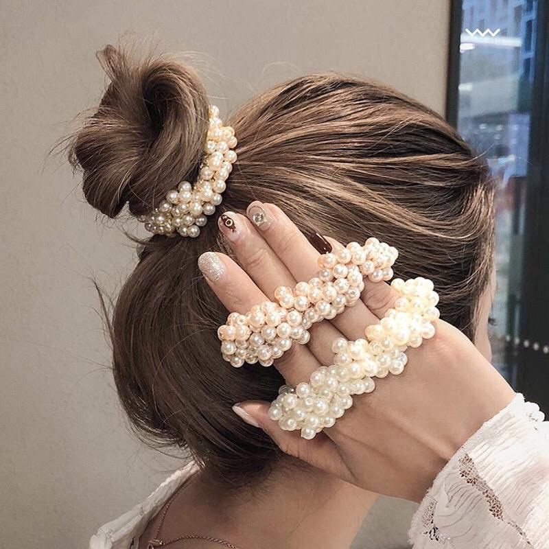 Women Pearl Elastics Hair Ties,Elegant Girls Beads Vintage Hair Bands,Fashion Rubber Hair Rope