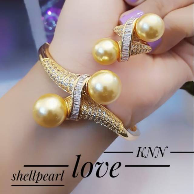 Xuping gelang plus cincin mutiara air lapis emas 24k