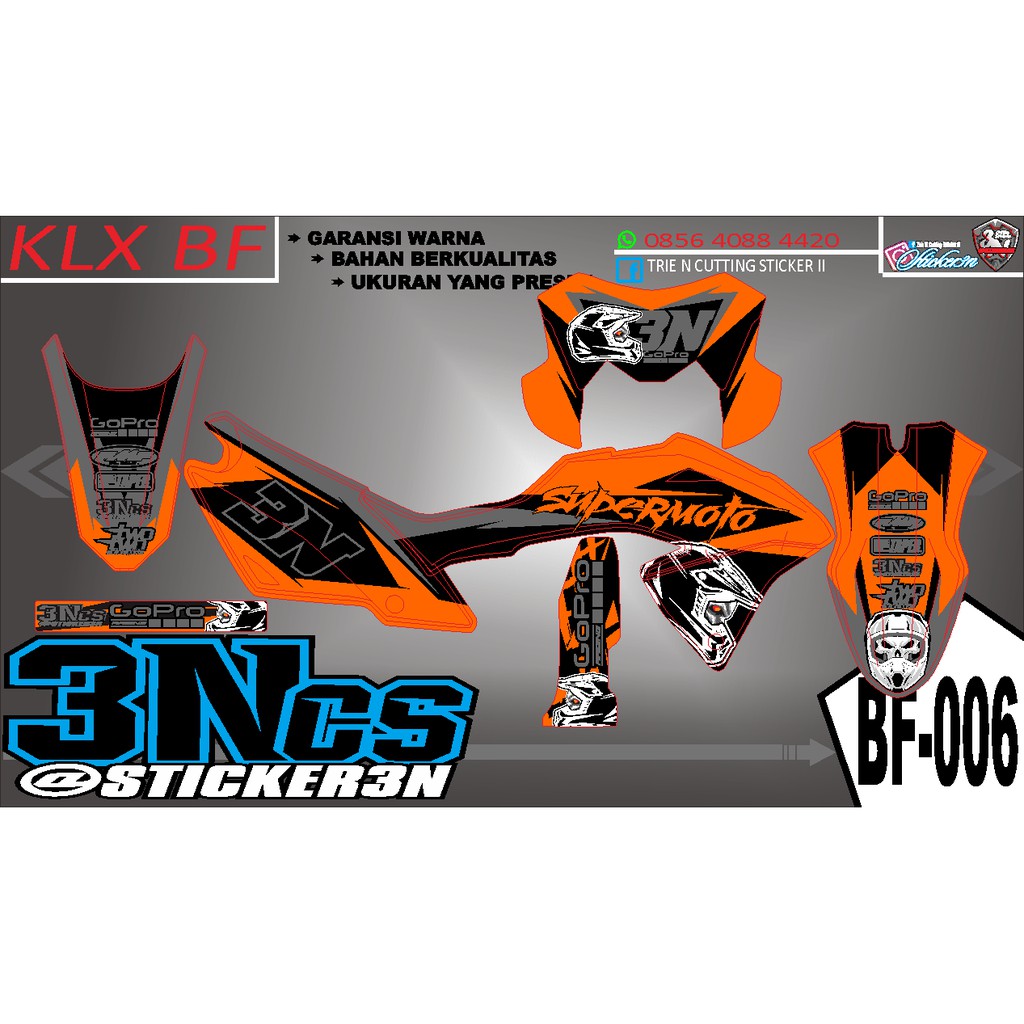 Decal KLX BF Full Bodi, decal kasawaki klx dtracker bf hitam orange fullbodi bisa rubah nomor dan na