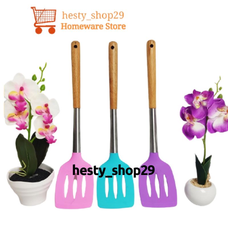 Spatula Silikon Sodet Sutil Karet Silicone Warna Gagang Kayu