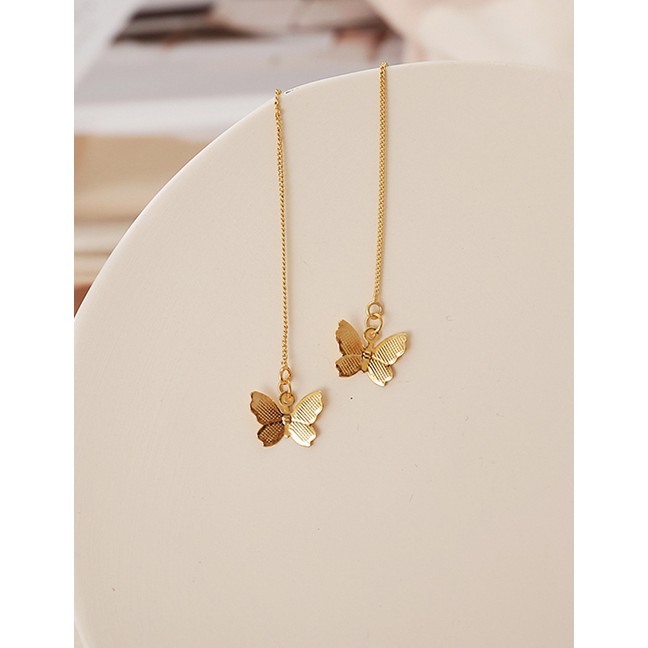 LRC Anting Tusuk Fashion Gold Color Butterfly Chain Alloy Earrings P09432