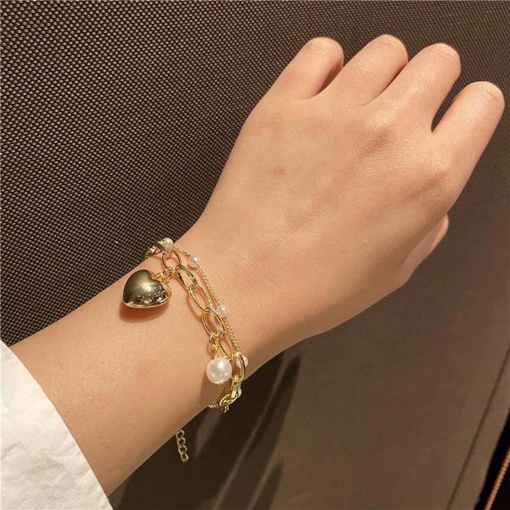 NEEDWAY Mutiara Gelang Set Elegan Fashion Wanita Cinta Liontin Hadiah Pesona Gaya Korea Beruntung Gelang Fashion Perhiasan