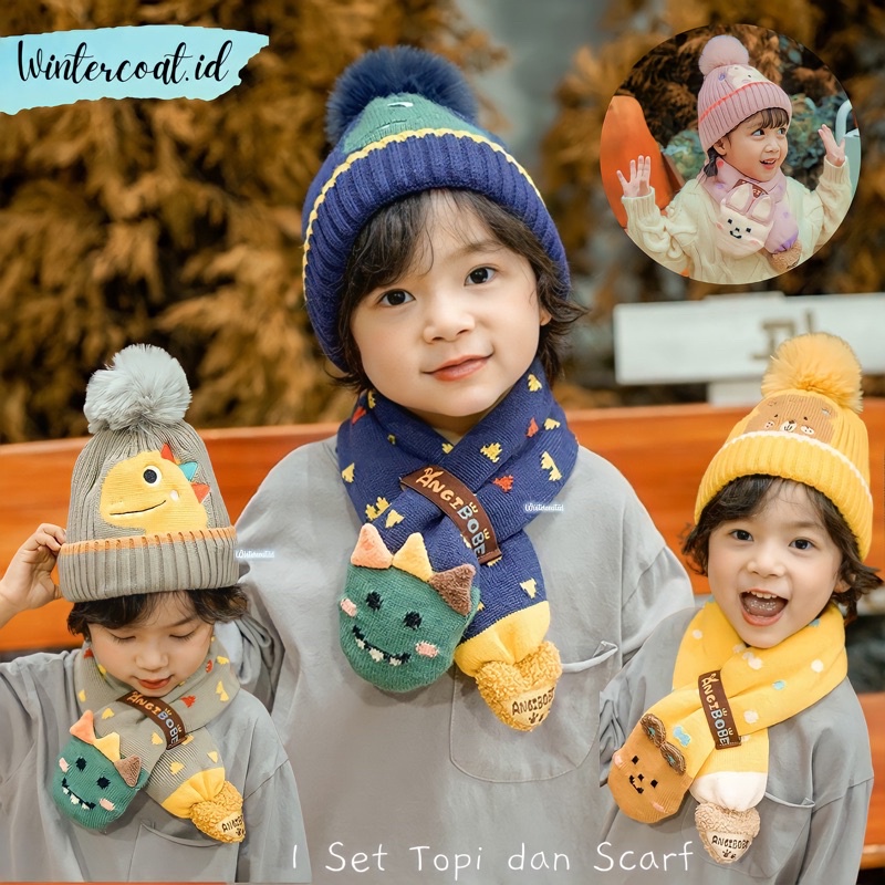 Beanie set kids topi syal winter anak kupluk musim dingin balita hangat import cute lucu penghangat leher kepala cowok cewek dino rabbit