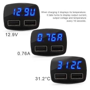 4 in 1 USB Car Charger, Ampere Meter, Voltmeter dan Suhu / Temperatur