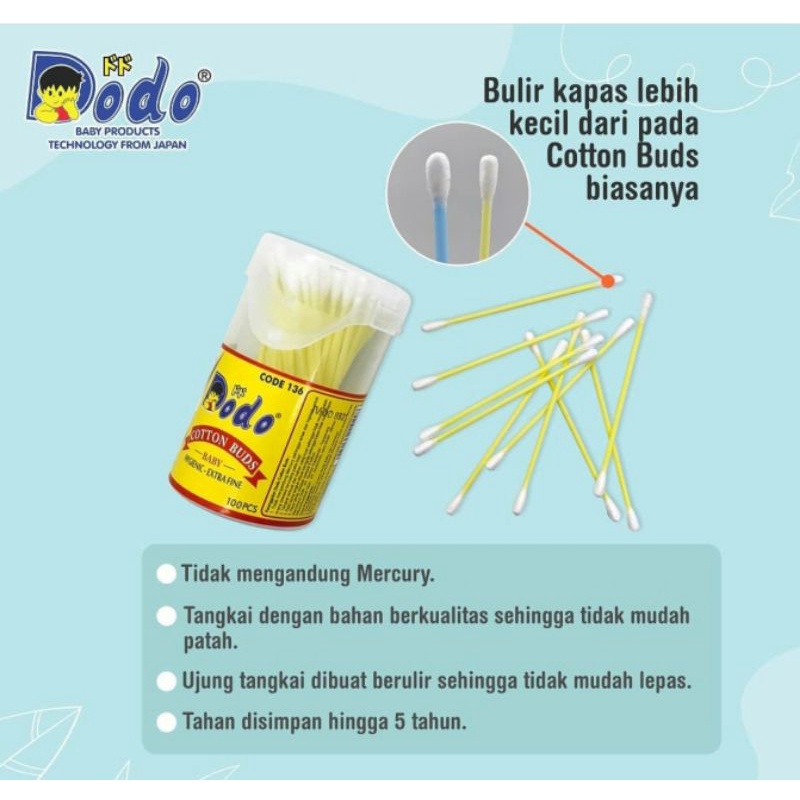 Dodo Cotton Buds Baby isi 100s | 50s  Non Mercury Cotton Bud Higienic Extra Fine Bayi Newborn Dodo