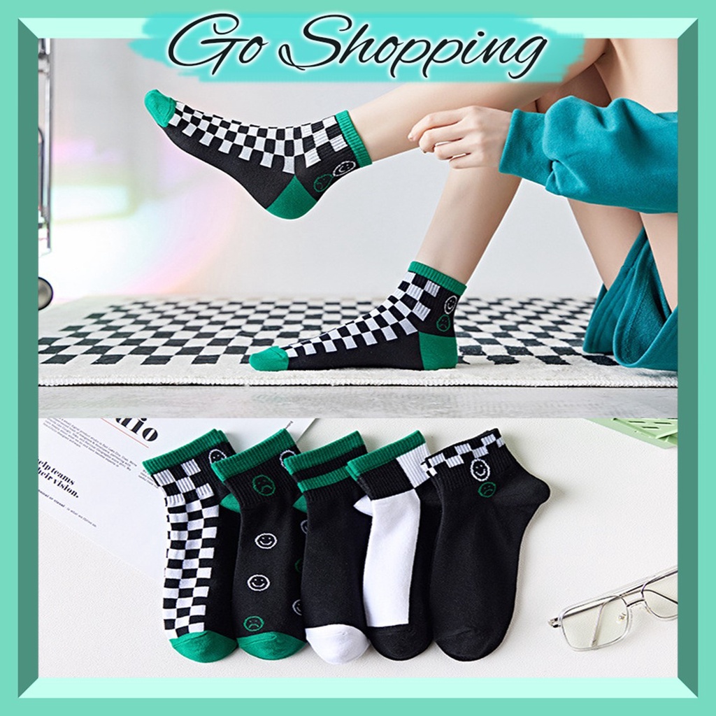 GO! KK820 Kaos Kaki Wanita Pria Pendek Unisex Semata Mata Kaki Ankle Motif Kotak-Kotak Garis hitam hijau Socks Korean