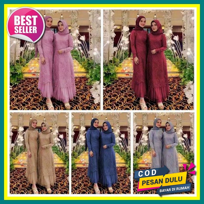 Wou Batik - Gamis Brukat Alesha Maxi Dress Brokat Gamis Syari Brokat Tille Kekinian Dress Kondangan 