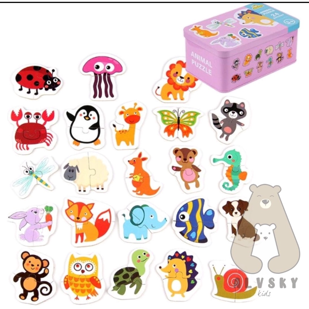 MAINAN EDUKASI PUZZLE 24 PCS / PUZZLE 2 KEPING KAYU LUCU / PUZZLE 24 PCS IN TIN BOX