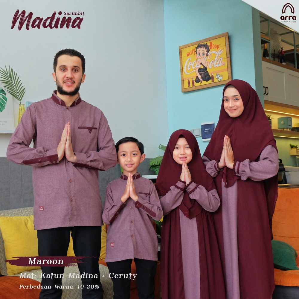 Arra Sarimbit Keluarga Gamis Ayah Ibu Anak Series Madina Warna Maroon Marun Original Premium Baju Couple Busana Muslim Terbaru 2022