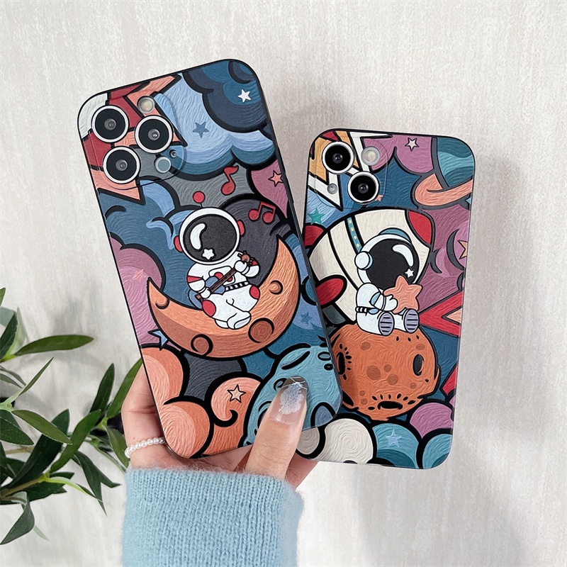 Soft case Dengan Tali Tangan Portabel Bentuk Kotak Desain Astronot Untuk iphone 11 12 13 pro max Xs max XR 7 8 plus se2020