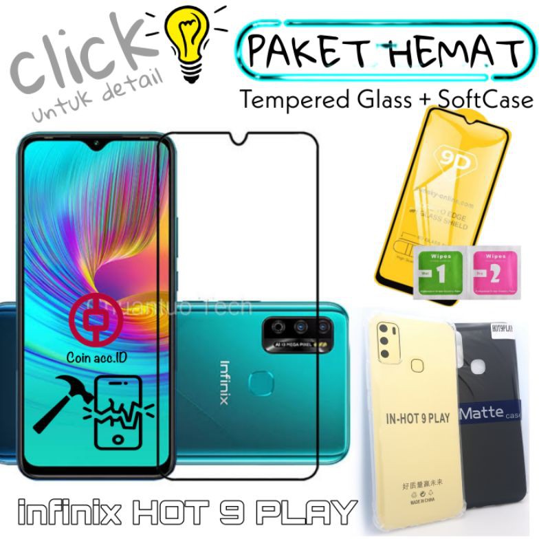 [paket hemat] 2in1 INFINIX HOT 9 play TEMPERED GLASS full 9D ori + SOFT CASE anti crack/matte case