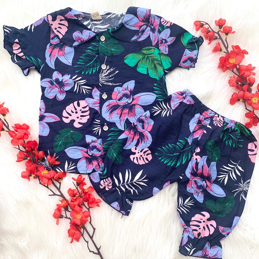 Baju setelan tangan pendek celana motif bunga fashion anak perempuan lucu pergi jalan -IMP LEAF SHIRT