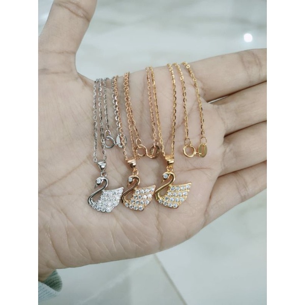 KALUNG PERAK ASLI SILVER 925 LAPIS EMAS/KALUNG RANTAI NORI VENSY KECIL+LIONTIN SWAN MATA PUTIH/ASLI SILVER/FASHION WANITA