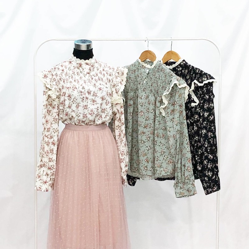 blouse bunga shabby ruffle vintage
