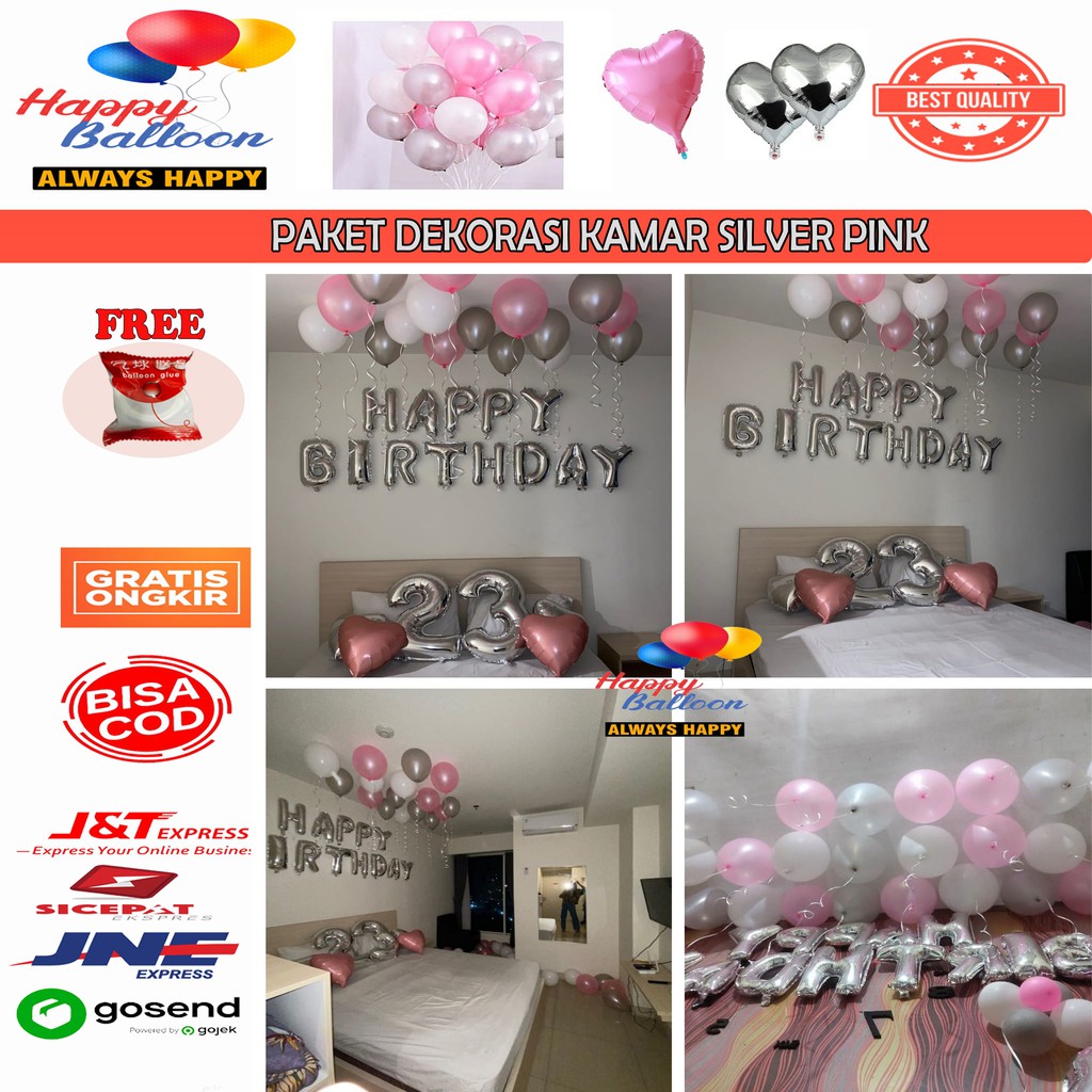 Paket Balon dekorasi Ulang tahun Kamar tema Pink Silver | Dekorasi Ulang tahun Kamar Silver Pink